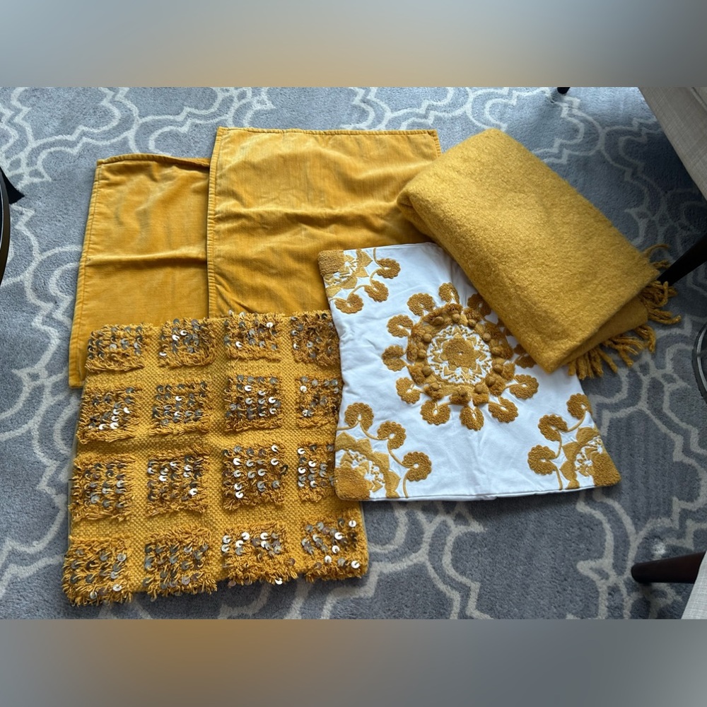 Pottery Barn Yellow Pillow Covers and Throw